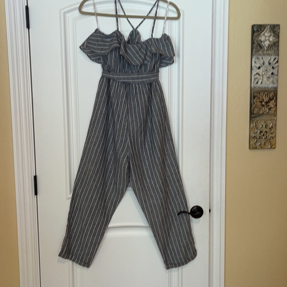🌺 Avec Les Filles; Gray/White Railroad-Striped Linen Jumpsuit in Misses Sz. S! - Picture 5 of 13